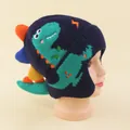 Dark blue knitted baby hat with green dinosaur pattern and 3D colorful dinosaur spikes - 48-52cm / Navy Blue