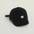 Black kids baseball cap featuring cute bear patch with Hello text on plain fabric - Adjustable Infant Size / Black with Bear Patch