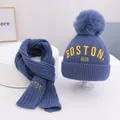Dunkelblaues Strickset für Babys mit Mütze, Schal, Bommel und Boston-Stickerei - 50-54cm / Dunkelblau (Mütze Und Schal)