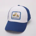 Detail of blue and white kids baseball cap featuring excavator embroidery and cotton fabric - Royal Blue (Excavator Truck)