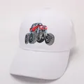 Detail of white cotton baseball cap featuring colorful monster truck embroidery on the front - 48-54CM / White