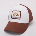 Close-up of kids baseball cap with brown and white panels and excavator embroidery - Coffee