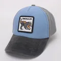Detail view of cartoon dinosaur embroidery patch on blue and grey baseball cap - Light Blue Gray (Dinosaur)