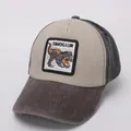 Close-up of dinosaur embroidery patch on beige and dark grey kids baseball cap - Beige Gray (Dinosaur)
