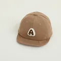 Brown corduroy baby baseball cap with soft brim and embroidered letter A detail - A Letter Khaki