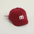 Deep red cotton baby baseball cap with white embroidered letter M and short brim - Adjustable Infant Size / Wine Red with Embroidered M