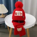 Winter red knitted hat and scarf set for toddlers featuring a cute bear pattern - Kids (49-54cm) / Bright Red
