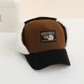Braune Cord-Wintermütze für Kinder mit Bären-Patches und warmem Plüsch-Ohrenschutz - 48-54CM / Kaffeebraun Mit Doppelbär-Buchstaben