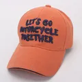 Close-up of orange cotton baseball cap featuring blue Let's Go Motorcycle embroidery - 48-54CM / Orange