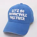 Detail of blue cotton baseball cap with white 3D embroidery LET'S GO MOTORCYCLE TOGETHER - 48-54CM / Blue
