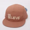 Close-up of GO BELIEVE embroidery on the front of the brown cotton five-panel camper hat - Kids 3-10 Years 48-54CM / Light Coffee