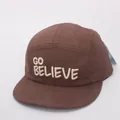 Detail shot of a dark brown camper hat featuring bold GO BELIEVE embroidery and a flat brim - Kids 3-10 Years 48-54CM / Dark Coffee