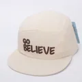 Close-up of beige camper hat featuring brown GO BELIEVE 3D embroidery and cotton texture - Kids 3-10 Years 48-54CM / Beige