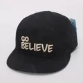 Detail of embroidered GO BELIEVE letters on black flat brim cotton baseball cap - Kids 3-10 Years 48-54CM / Black