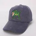 Detail of dark grey corduroy fabric and green dinosaur embroidery on kids baseball cap - Style 1 / Gray