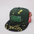 Detail view of Turtle Power 3D embroidery on kids green and black flat brim baseball cap - Children 48-54cm / Grass Green