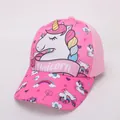 Pink kids baseball cap featuring a unicorn cartoon print and rainbow patterns - Pink All-over Unicorn
