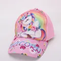 Pink kids baseball cap featuring a colorful unicorn pattern and rainbow mane design - Pink Flower Unicorn