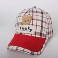 Detail of red checkered kids baseball cap with plush bear patch and Lucky embroidery - 48-53cm / Red