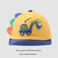 Yellow baby baseball cap with blue soft brim and dinosaur embroidery on a grey background - 45-48cm / Yellow Excavator Dinosaur