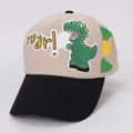 Gorra de béisbol infantil en caqui y negro con dinosaurio verde y texto de roar - Niños 3-8 Años 48-53CM / Beige Estilo Costura Arcoíris