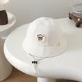 Kids cream cotton sun hat with happy bear embroidery and adjustable windproof strap - Kids(50-52cm) / White