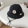 Kids black cotton sun hat with cute HAPPY Bear cartoon patch and adjustable chin strap - Kids(50-52cm) / Black