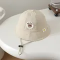 Beige cotton kids bucket hat with Happy Bear embroidery and adjustable chin strap - Kids(50-52cm) / Beige