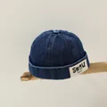 Dark blue denim docker hat for kids with vintage wash and woven logo label detail - Style 2 Dark Denim (SHOW YM.CO)