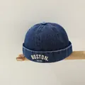 Dark blue denim Miki hat with white BOSTON embroidery for kids, vintage docker style - BOSTON Dark Blue (BOSTON 1630)