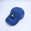 Classic blue denim baby baseball cap featuring a cute cartoon monkey embroidery - Monkey Banana Style (Style 2 Dark Blue Denim)