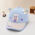 Detail of baby baseball cap with plush rabbit ears, 3D bunny applique, and soft bow - Adjustable Kids Size / Sky Blue