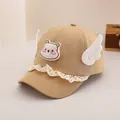 Detail of baby baseball cap with bear patch, plush wings and delicate lace trim - Toddler Size / Khaki