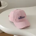 Distressed light pink kids baseball cap with navy blue embroidery and torn details - Kids 50-54CM / Pink