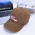 Close-up of pink Vintage embroidery on a brown cotton baseball cap for kids - Kids 3-10 Years 50-54CM / Dark Coffee