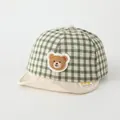 Infant soft brim baseball cap with green checkered pattern and plush bear patch - Toddler One Size / Bear Grass Green