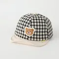Infant baseball cap with black and white plaid pattern and cute brown plush bear patch - Toddler One Size / Black Bear