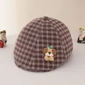 Brown plaid baby beret cap featuring a cute cartoon dog patch for summer sun protection - 48-50cm (1-3 Years Old) / Puppy Coffee