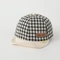 Checkered baby baseball cap with soft brim and cute brown bear handmade patch - Toddler One Size / Square Label Bear Black