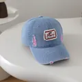 Kids vintage light blue denim baseball cap with distressed pink details and embroidery - Patch Style (Ruchu) / Pink