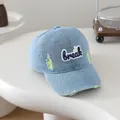 Distressed light blue denim baseball cap for kids with white break embroidery patch - Letter Style (break) / Yellow