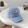 Light blue distressed denim baseball cap with break letter embroidery for kids - Letter Style (break) / Pink