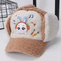 Winter plush trapper hat for kids featuring a brown rabbit with headphone embroidery - Kids / Khaki