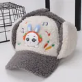 Detailed view of children's grey plush trapper hat with 3D bunny and warm ear flaps - Kids / Gray