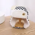 Kinder Winterfliegermütze mit schwarz-weißem Karomuster und GO-Stickerei für Wärme - Kinder (2-8 Jahre alt) / Schwarz