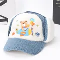 Blue and white kids sherpa trapper hat with cartoon bear pilot embroidery and ear flaps - Blue