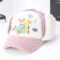 Pink winter kids trapper hat with sherpa lining and cartoon bear aviator embroidery - Pink
