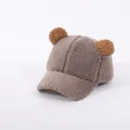 Winter plush baby baseball cap in brownish grey with yellow bear ears design - Kids (Approx 2-6 years) / Dark Khaki
