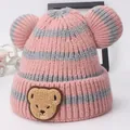 Roze en grijs gestreepte gebreide babymuts met berenoren en een berenpatch - Kinderen 2-8 Jaar / Roze