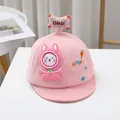 Detailed view of pink baby cotton baseball cap with a 3D rabbit doll and embroidery - Baby approx. 0-36 months / Rabbit Applique Style / Pink